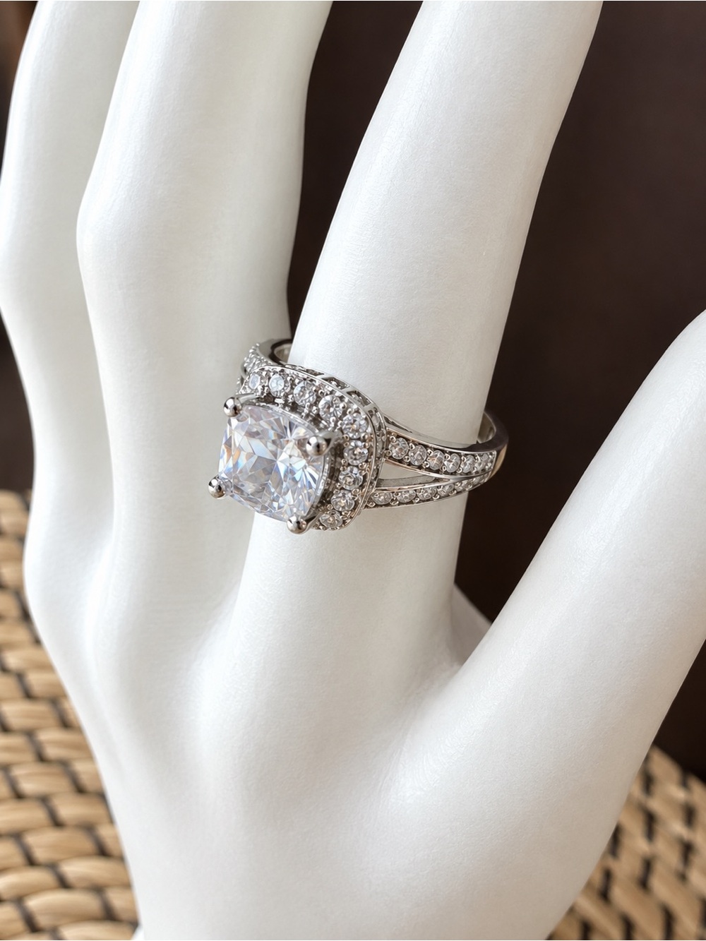 925 Sterling Silver CZ Cushion Halo Statement Ring Size 9.5